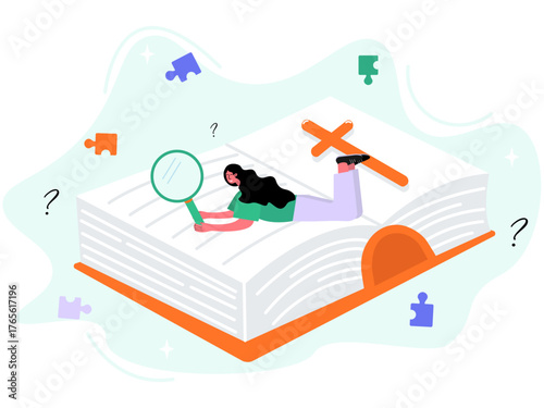Young woman is lying on the giant Holy Bible with a magnifying glass in her hands. Bible study. Having questions while learning religion. Vector illustration on isolated white background