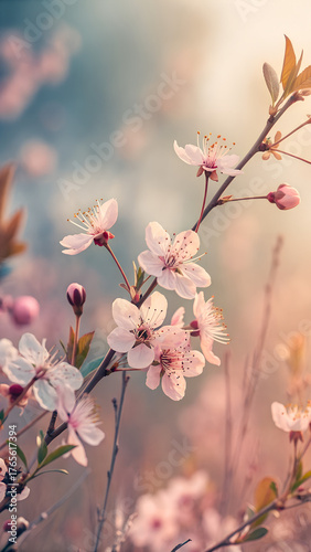 Delicate pink cherry blossoms bloom vibrantly against a soft, ethereal bokeh of spring light, bringing renewal and natural beauty to any project.