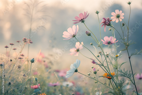 Delicate cosmos flowers dance in soft morning light, evoking tranquility and natural beauty for serene, uplifting visuals.