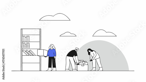 A sunset scene of volunteers cleaning up the pantry area after the distribution reflecting a sense of fulfillment and the impact of their service to the community.