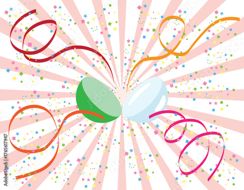 カプセルから紙吹雪が飛び出すお祝いイラスト