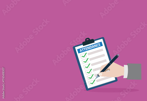 Attendance clipboard with checklist. Questionnaire, survey, clipboard, task list. Flat design,
