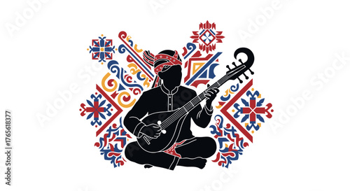 Traditional Musician Silhouette with Ornamental Background A Cultural Illustration