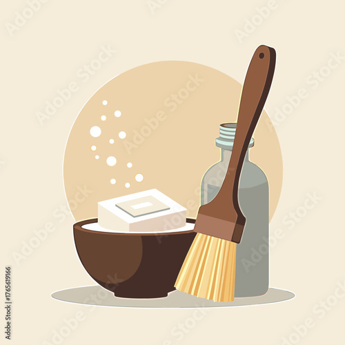 Still life of natural soap with cleansing brush and cosmetic bottle shows eco theme, arranged in mindful composition.