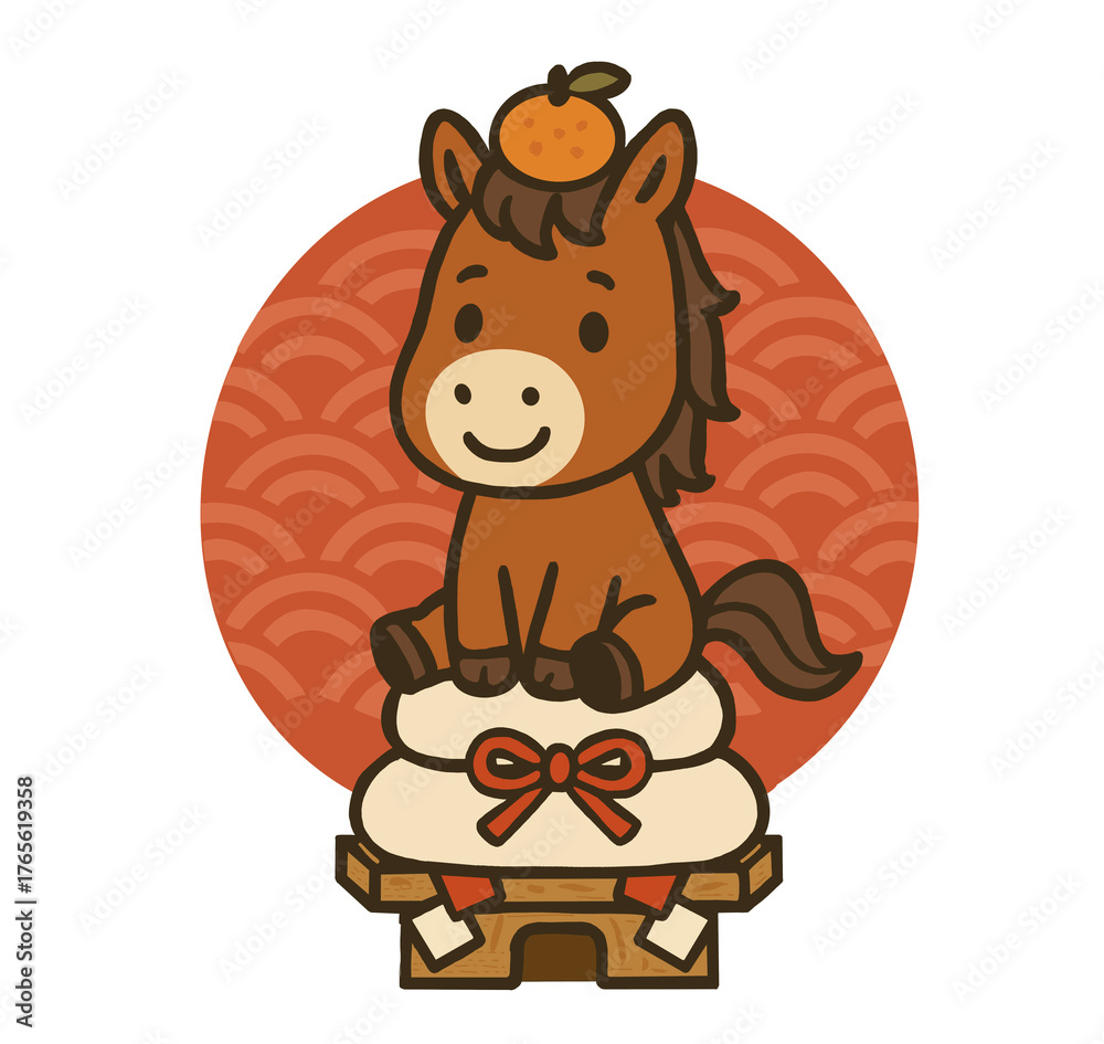 Fototapeta premium Cute Horse on Kagami Mochi Illustration