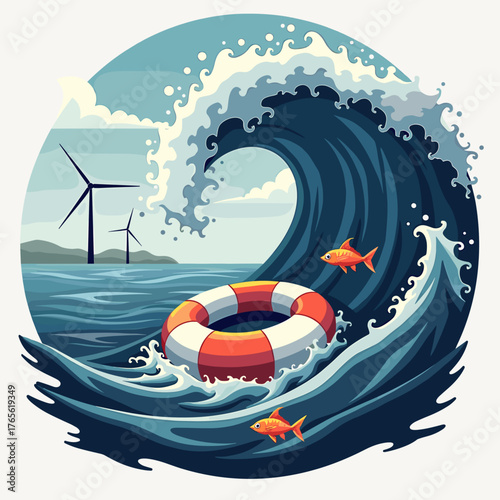 Seascape illustration with a lifebuoy in ocean waves, seascape picture shows wind turbines in background. Seascape art combines marine elements and energy industry.