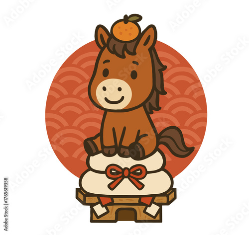Cute Horse on Kagami Mochi Illustration