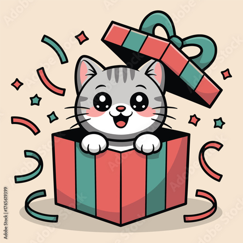 Cute cartoon cat popping out of a gift box surprise for birthday or christmas day