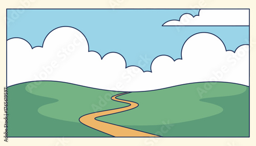 Cartoon style landscape showing a winding path traversing green rolling hills under a bright blue sky filled with fluffy white clouds, representing journey, future, and progression concepts