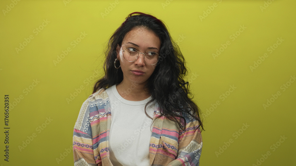 Fototapeta premium Woman wearing patterned shirt with visible face and closed eyes and pursed lips making a smirk in a lime green studio; skepticism contemplation.