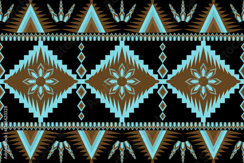 Seamless Brown and Turquoise Aztec Geometric Pattern, Ethnic Tribal Abstract Background