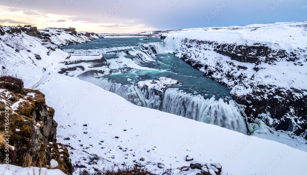Fototapeta premium Cascading waterfall amidst snow-covered landscapes under a dramatic sky