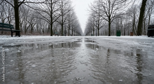 Low angle view of an icy park path in winter. Wet walkway with reflections of bare trees creating a vanishing point perspective. Cold seasonal landscape with no people