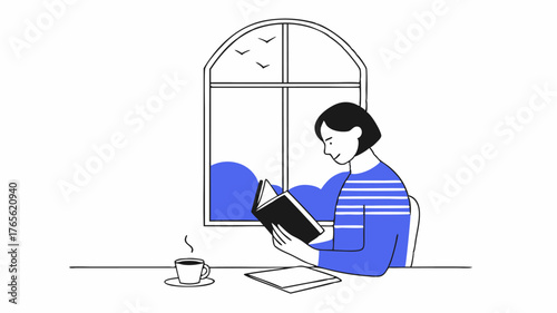 A student absorbed in a book seated by the window with a notebook and a cup of coffee capturing the tranquil ambiance of the café.
