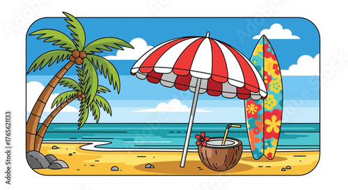 Tropical Beach Landscape Vector Illustration – Summer Vacation Scene with Umbrella, Ocean Waves, Palm Trees, Sun,  Sand, Relaxing Paradise Coast Nature Design for Travel, Holiday, and Tourism Concepts