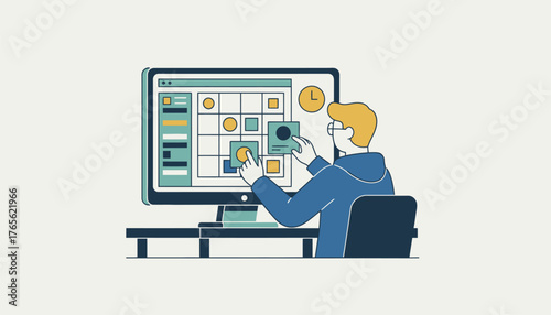Person is organizing or scheduling project tasks on a digital kanban style board displayed on a computer screen, signifying effective project management and workflow organization