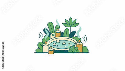 Hot tub surrounded by verdant plants and emitting steam, with multiple burning candles glowing around the relaxing spa atmosphere, featuring a white transparent background