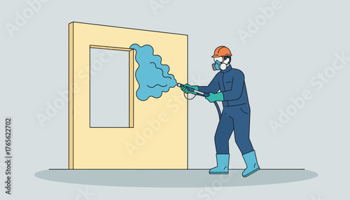 Construction worker wearing a protective suit, helmet, respirator mask, and gloves, spraying insulation foam on a wall with a window, engaging in building and renovation tasks