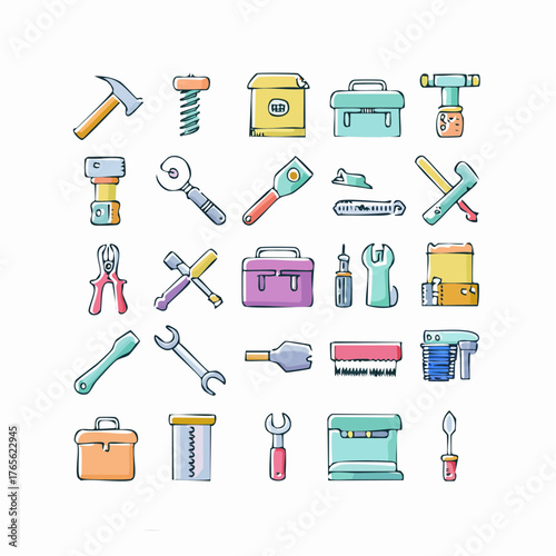 Carpentry and woodworking tool icon pack. 48 flat illustrations including plane, chisel, handsaw, and circular saw blade on white background.
