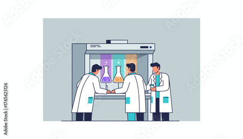 Three male scientists wearing lab coats are working together, conducting a chemistry experiment with colorful liquids in conical flasks under a fume hood in a modern research laboratory