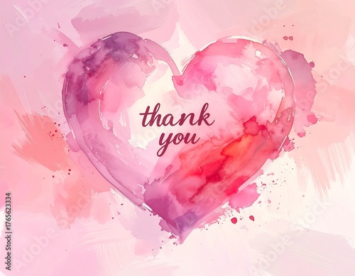 Watercolor Thank You with Soft Pink Heart - Soft watercolor thank you text with pastel pink heart on gentle background. Elegant brushstroke design conveying warmth and gratitude, perfect for cards
