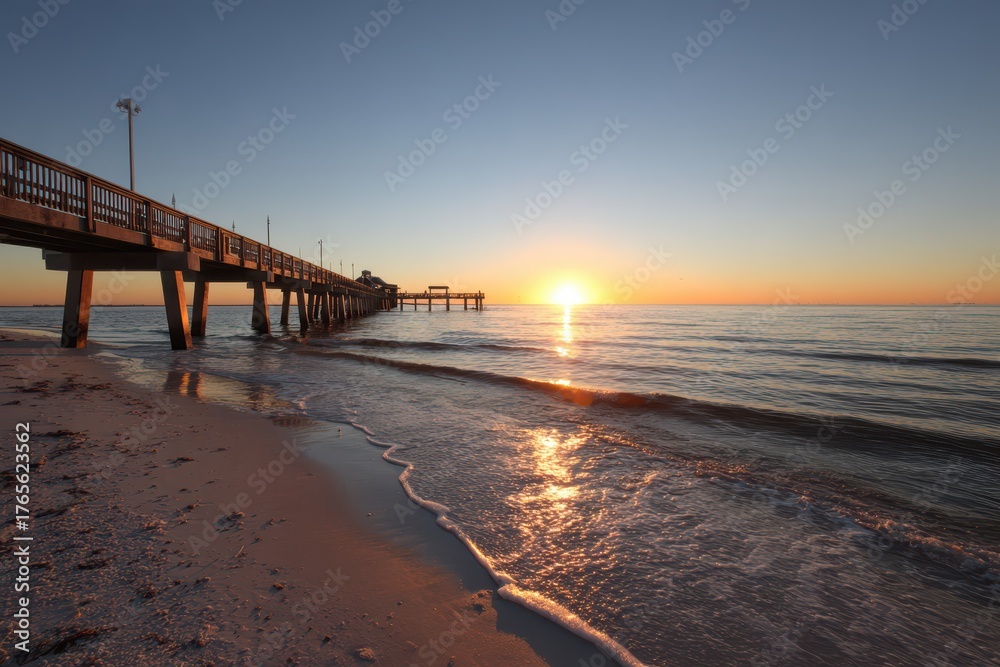 Obraz premium Fort Myers Sunrise Scene: Pier Overlooking Beach with Beautiful Morning Horizon