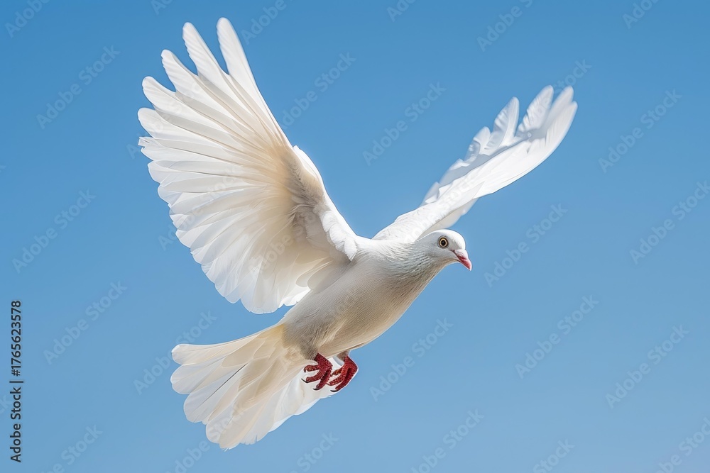 Obraz premium White dove soaring with outstretched wings against a vibrant blue sky, embodying peace, hope, and spirituality