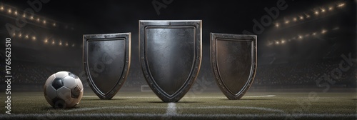 Football Shields. 3D Illustration of Soccer Stadium with Ball and Metal Shields