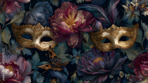 Elegant golden Venetian masks on a dark, moody floral background for a masquerade ball