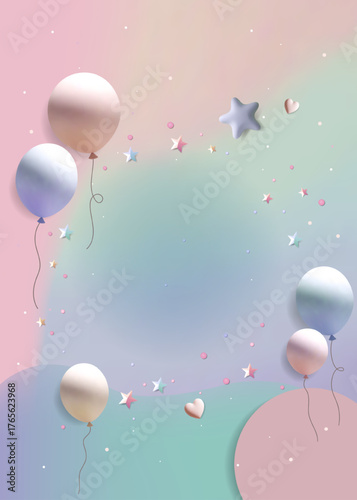 Background in pastel tones. Soft gradient with empty space for text or greeting message. Realistic 3d balloons, stars. Cute festive template