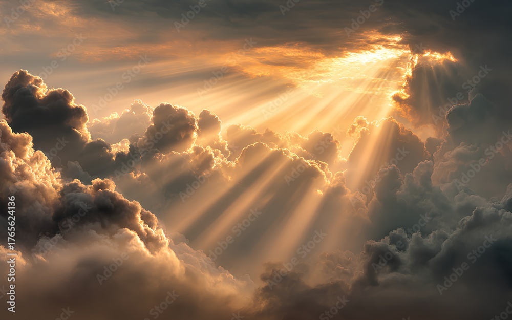 Fototapeta premium Golden Sun Rays Shining Through Dramatic Clouds in the Sky