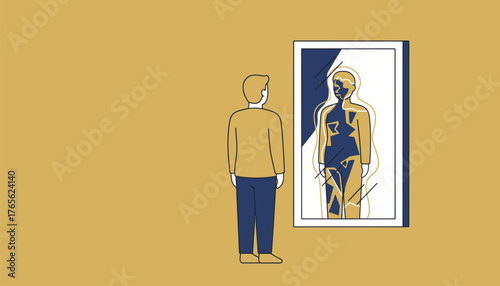 Man standing in front of a mirror seeing a fragmented and shattered reflection, representing mental health issues, identity crisis, and a sense of internal brokenness