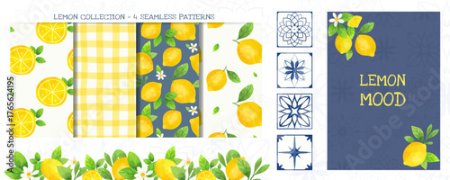 Watercolor set with lemons, mediterranean tiles. Frame, seamless patterns, card, poster or invitation. Lemon backgrounds