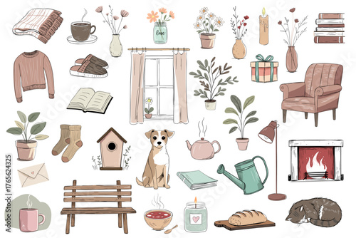 Big set of cozy home sketch elements. Pastel colors, hand drawn doodle style. Window, armchair, cup, slippers, plants.