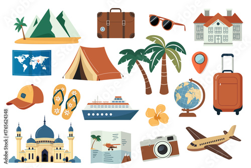 Flat style travel set with colorful tourism elements for vacation design, adventure projects. Trip planning