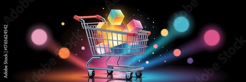 A futuristic shopping cart brimming with luminous, geometric shapes and sparkling dust, illuminated by colorful bokeh lights on a black backdrop, representing the excitement of digital shopping