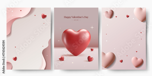 Set of pastel frames with hearts. Pink tones with 3d effect. Romantic backgrounds for valentine, love greeting.