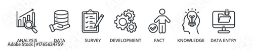 Research banner icon with analysis, data, survey, development, fact, knowledge, data entry