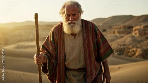 Old man with a staff walking through desert sand dunes, ancient biblical figure on journey, religious history footage.