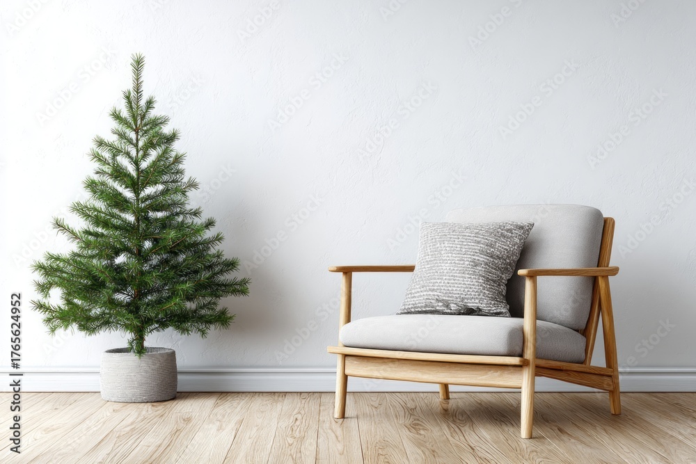 Fototapeta premium A potted evergreen tree stands next to a modern armchair with a pillow.