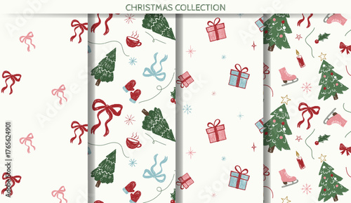 Set of Christmas patterns with cute chalk doodles. Xmas ornaments. Crayon style. Seamless winter backgrounds.