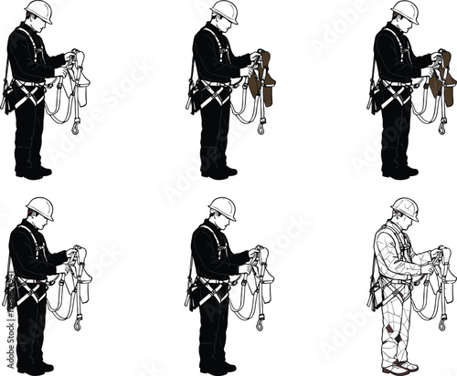 Construction worker silhouette inspecting safety harness equipment, industrial rope inspection and personal protection gear vector illustration for safety training and workplace design