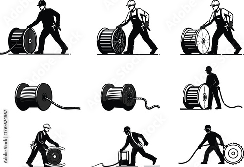 Construction worker silhouette set handling industrial cable reel, electrician unwinding heavy wire spool, power line installation concept vector illustration for energy industry design