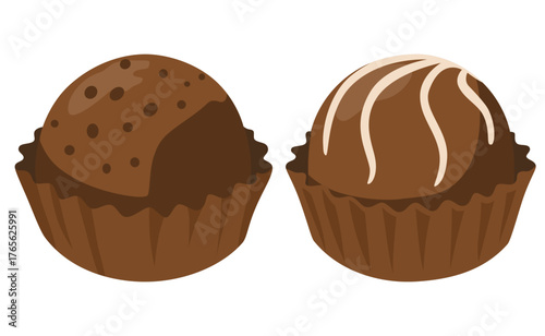 Chocolate candies. Delicious dessert various sphere sweets with chocolate creamy, dark truffle decent vector sugar candies. Cartoon style isolated vector illustration.