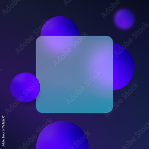 Futuristic square UI panel in glassmorphism style with deep purple gradient spheres and a smooth blue blurred background.