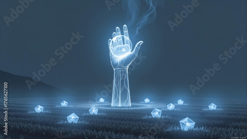 Wallpaper Mural In a surreal minimalist landscape, a colossal, crystalline hand emerges from the ground, holding an ethereal orb that emits soft, pulsing lights. Surrounding the hand, a field of holographic, geometri Torontodigital.ca