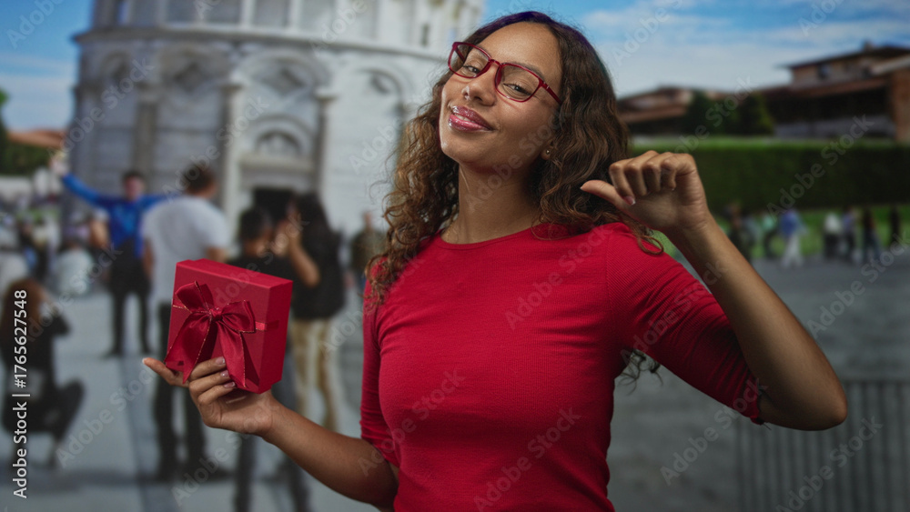 Fototapeta premium Woman in red shirt holds red gift box and points finger to cheek at building plaza near tower with tourists; confidence celebration travel.