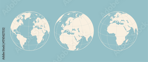 Globe, map, Europe Asia Africa. Earth globe with continents, Europe, Asia, Africa globe set. Map of Europe Asia Africa, EU globe sign, symbol, circle. Vector Illustration