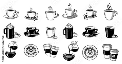 Vector art of coffee cups and mugs vector set hand drawn sketch style different types of coffee drinks