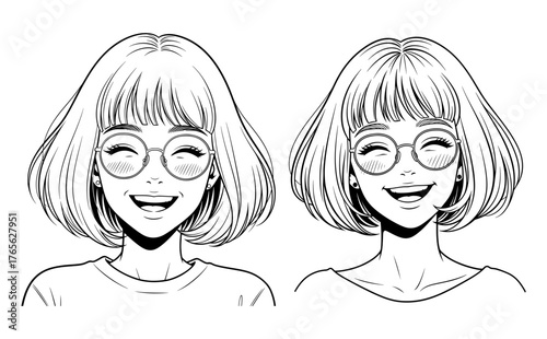 Vector art of two cute girls with bob haircuts and glasses smiling hand drawn vector illustration